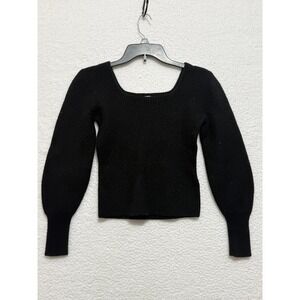Madewell Black Ribbed Square Neck Puff Sleeve Sweater Top Size M